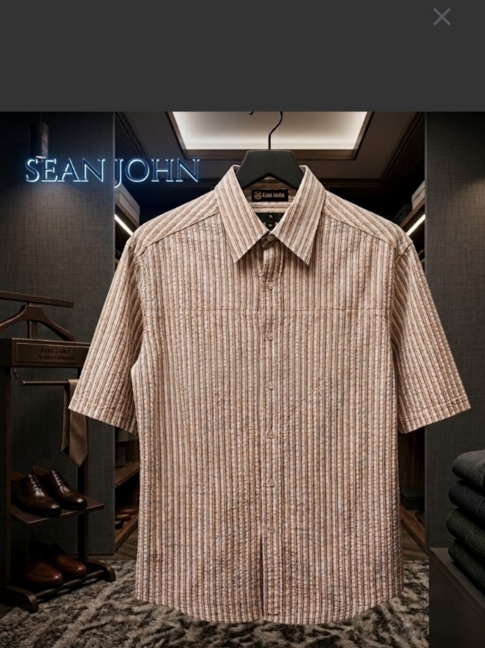 Sean John Short-Sleeve Button-Down Shirt in Beige Orange White Stripe Xl